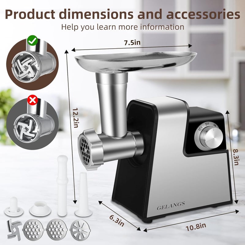 GELANGS Electric Meat Grinder，350W(2800W Max) Sausage Stuffer Maker with Sausage Stuffer Tubes & Kubbe Kit，Food Grinder with Blade & 3 Plates For Home Kitchen Use - Image 5